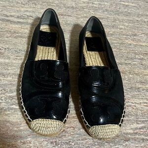 Tory Burch Black Textile and Leather Espadrille Flat Shoes